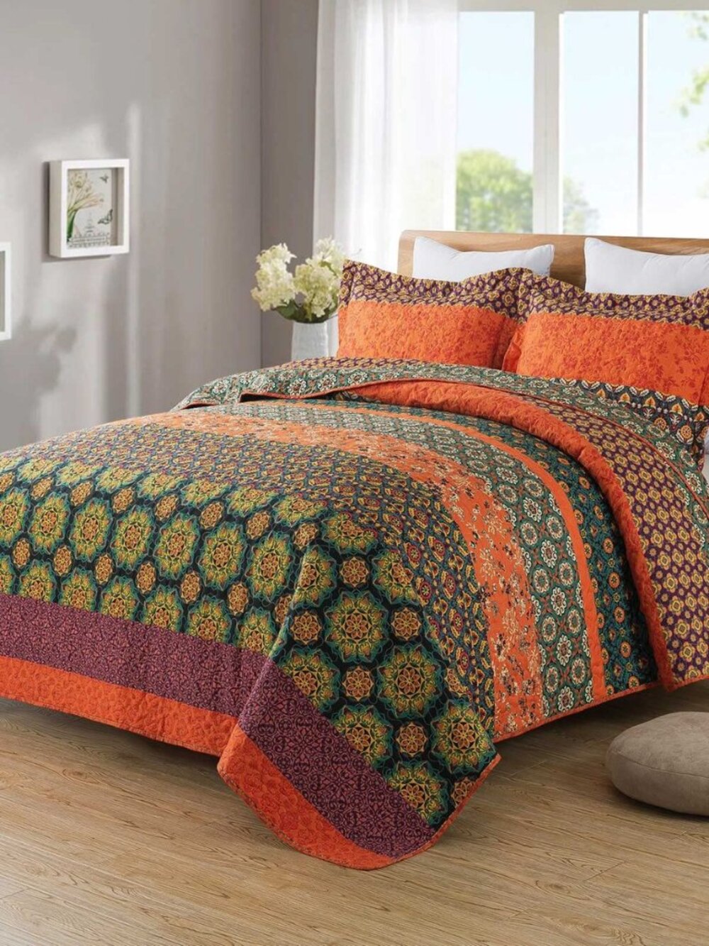 Boho Stripe Quilt Sets Floral Printed Reversible Soft Bohemian Bedding Set with